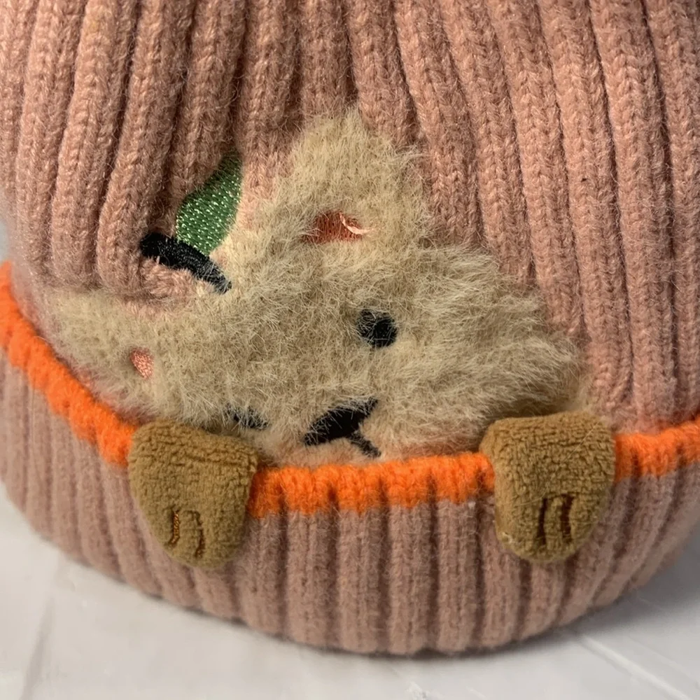 Kids Cute Kitten Blush Pink 3 D Knit Pom Pom Winter Beanie